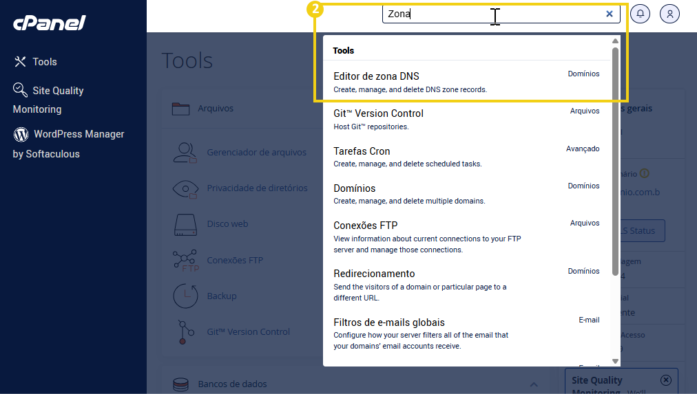 Captura de tela da interface do cPanel mostrando a ferramenta de edição de zona DNS com foco na caixa de busca para adicionar uma nova zona.