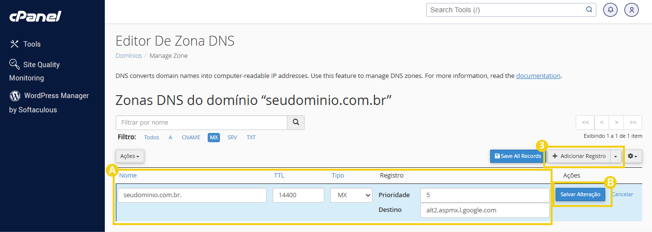 Imagem da tela do painel do gerenciador de DNS mostrando a configuração do domínio 'seudominio.com.br' com opções para salvar, alterar e adicionar registro.