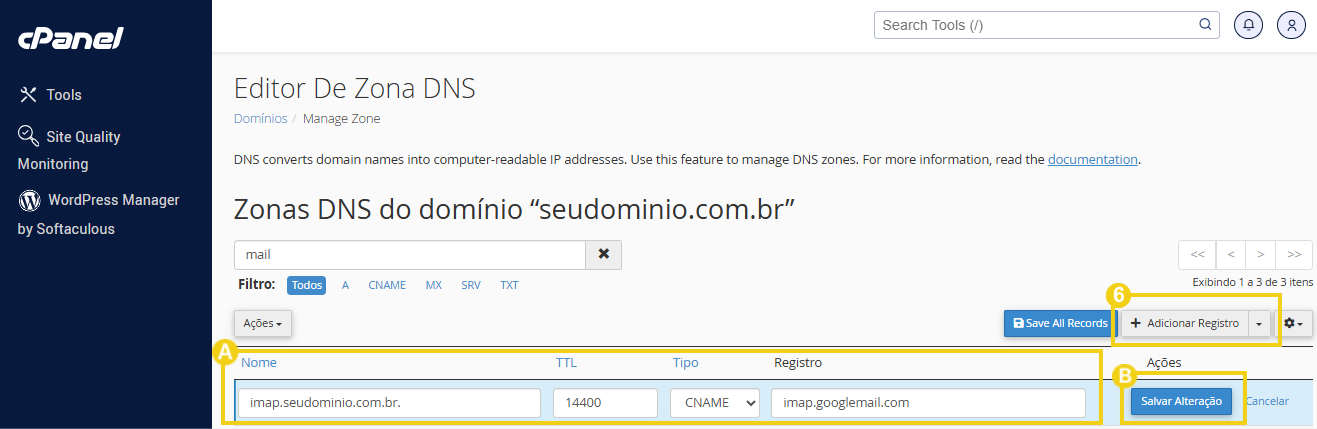 Imagem da interface do painel de controle de DNS do cPanel, exibindo configurações de zonas DNS para o domínio 'seudominio.com.br', incluindo registros CNAME e opções de salvar alterações.