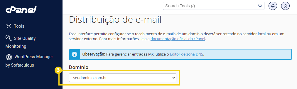 Imagem destacando configuração de distribuição de e-mail no cPanel, com foco na área de gerenciamento de domínios e servidores de e-mail.