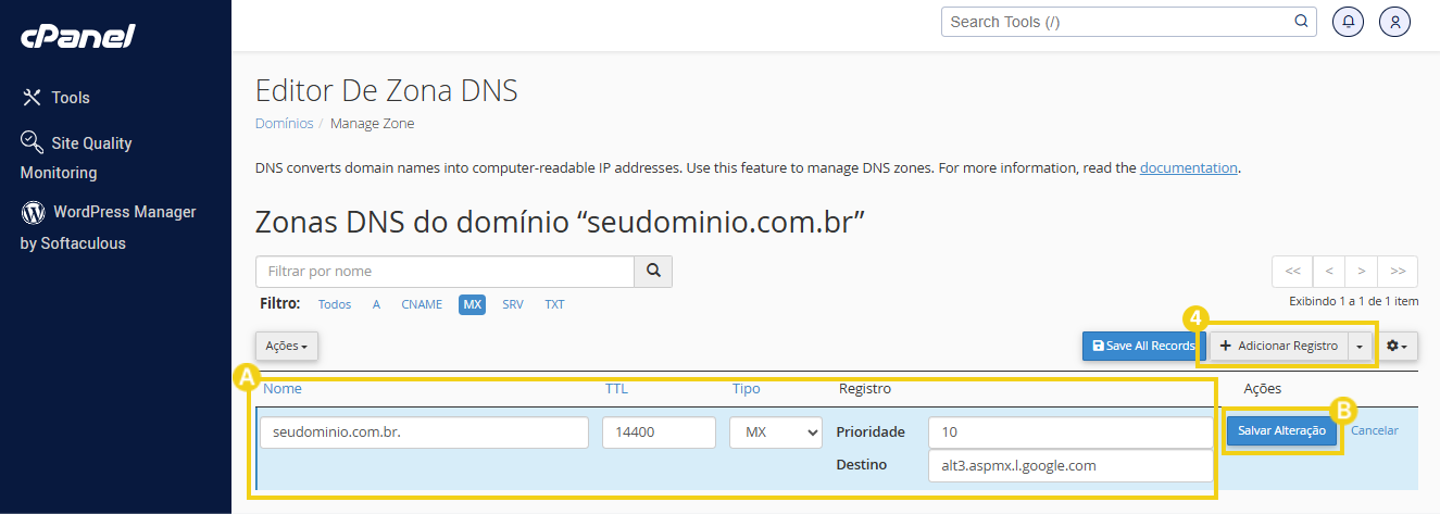 Imagem da tela do painel do gerenciador de DNS mostrando a configuração do domínio 'seudominio.com.br' com opções para salvar, alterar e adicionar registro.