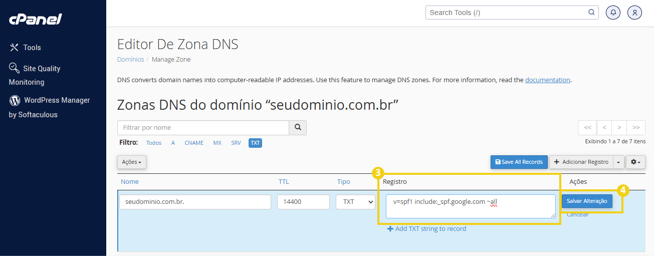 Imagem da interface do painel de controle de DNS do cPanel, destacando o campo "Registro" e a opção "Salvar Alteração"