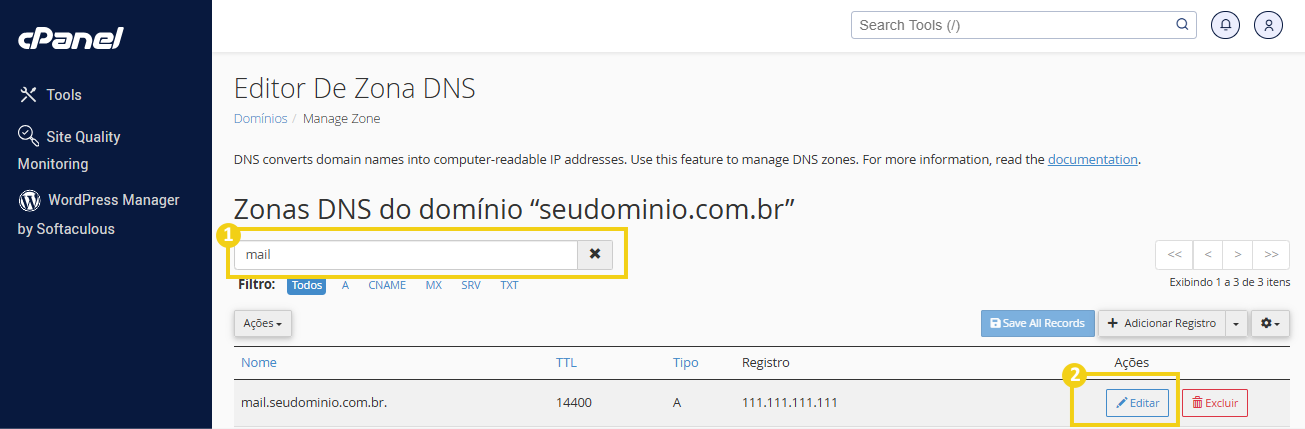 Imagem da interface do painel de controle de DNS do cPanel, exibindo configurações da zona de DNS do domínio, com destaque ao campo de filtro com a palavra mail digitada e destaque no campo Editar