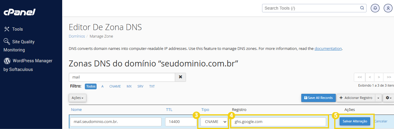 Imagem da interface do painel de controle de DNS do cPanel, exibindo configurações de zonas DNS para o domínio 'seudominio.com.br', incluindo registros CNAME e opções de salvar alterações.