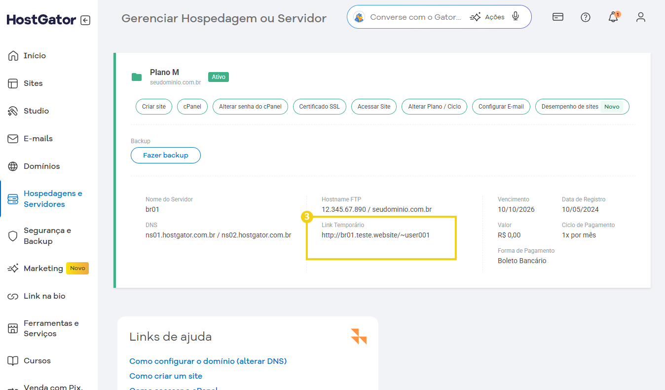 Tela do painel de controle da HostGator mostrando hospedagens e servidores, com destaque na opção Link Temporário