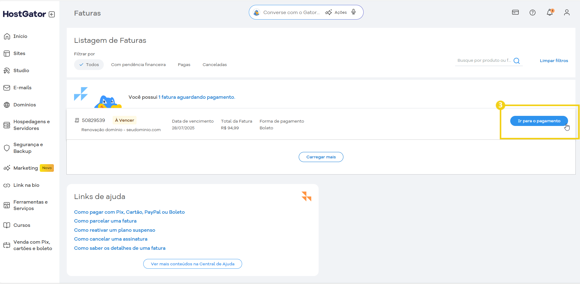 Imagem mostra a tela do Portal do Cliente, na seção de listagem de faturas, com a marcação no botão "Ir para o pagamento"