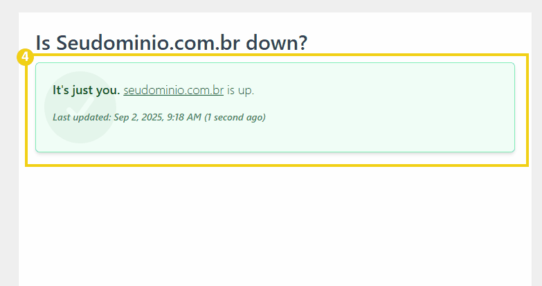 Tela do site Seudominio.com.br indicando que o serviço está online e funcionando normalmente.