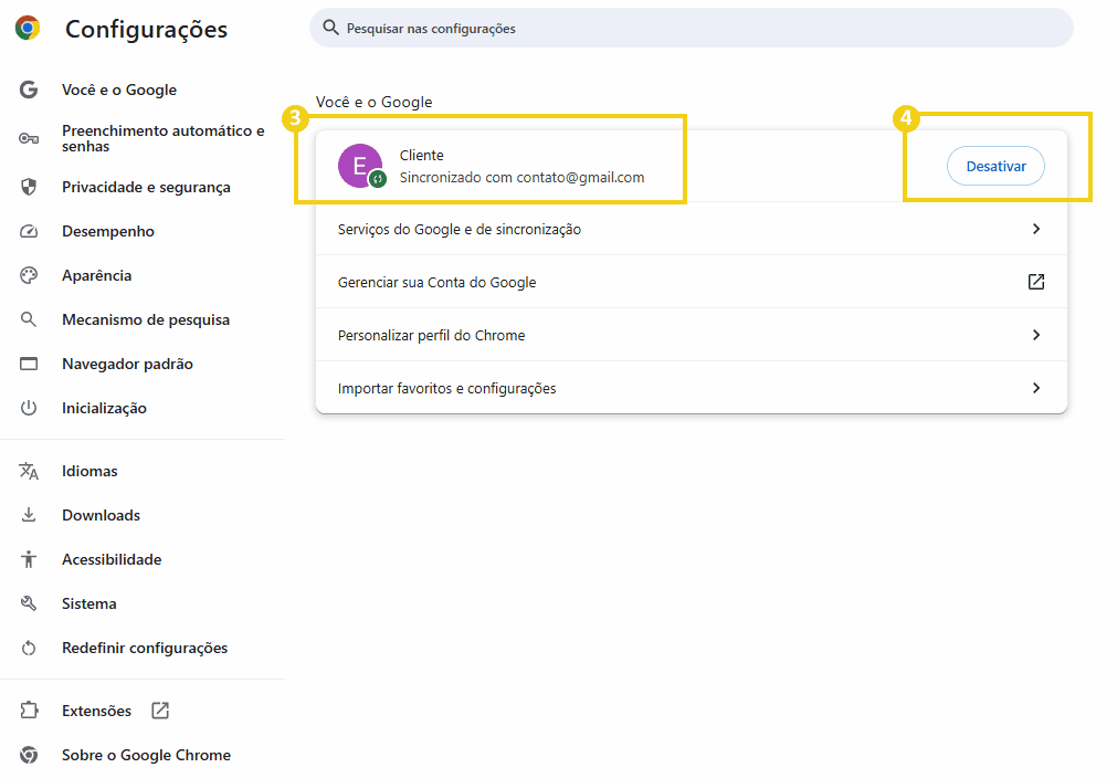 Configuração de conta Google no Google Chrome, incluindo aba de sincronização e desativar sincronização.
