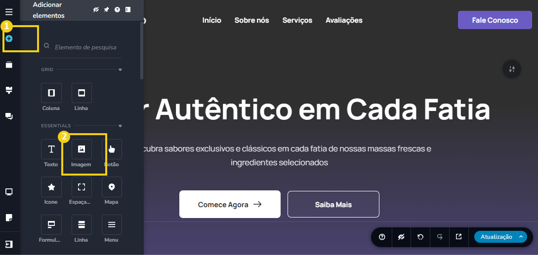 Imagem mostra a tela do editor do Criador de Sites com IA destacando o botão para adicionar elementos e em seguida, a marcação no botão de imagem. 