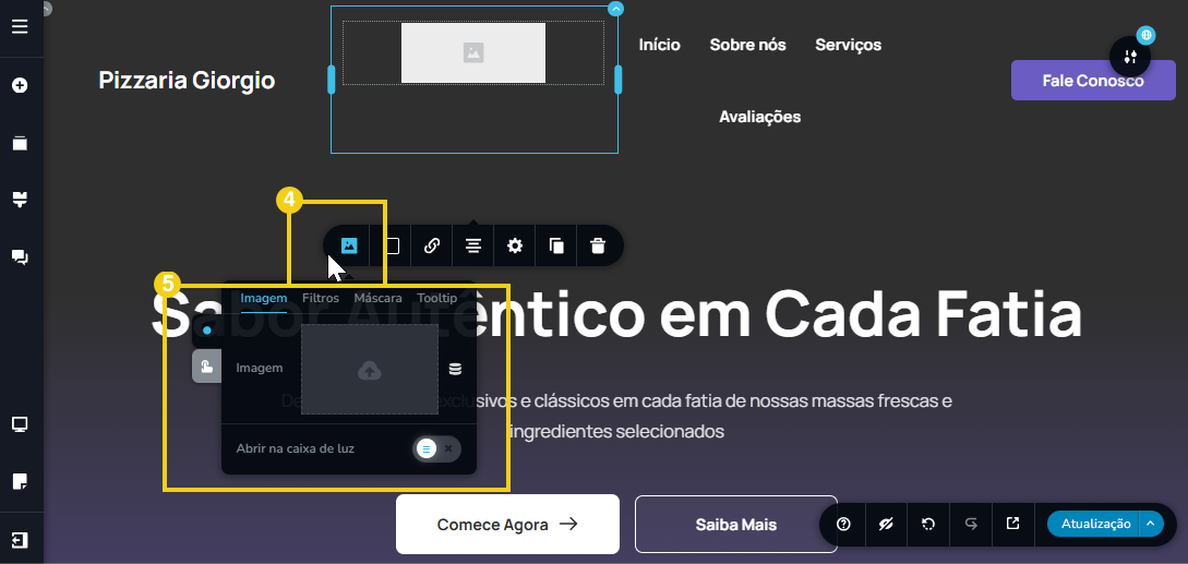 Imagem mostra a tela do editor do Criador de Sites com IA destacando a opção para upload de imagem. 