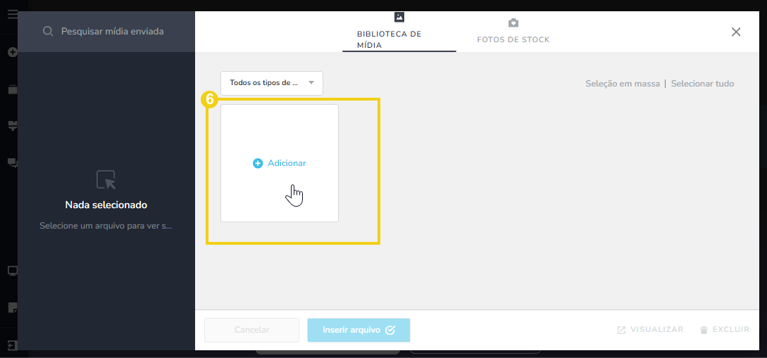 Imagem mostra a tela do editor do Criador de Sites com IA na tela de biblioteca de mídia com destaque na opção adicionar 
