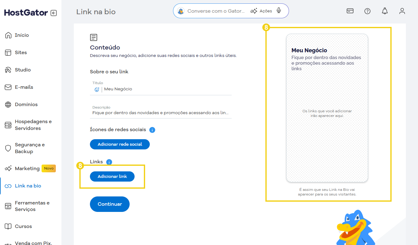 Captura de tela do painel de gerenciamento de links na plataforma HostGator, mostrando opções para adicionar links e configurar o perfil de negócios online
