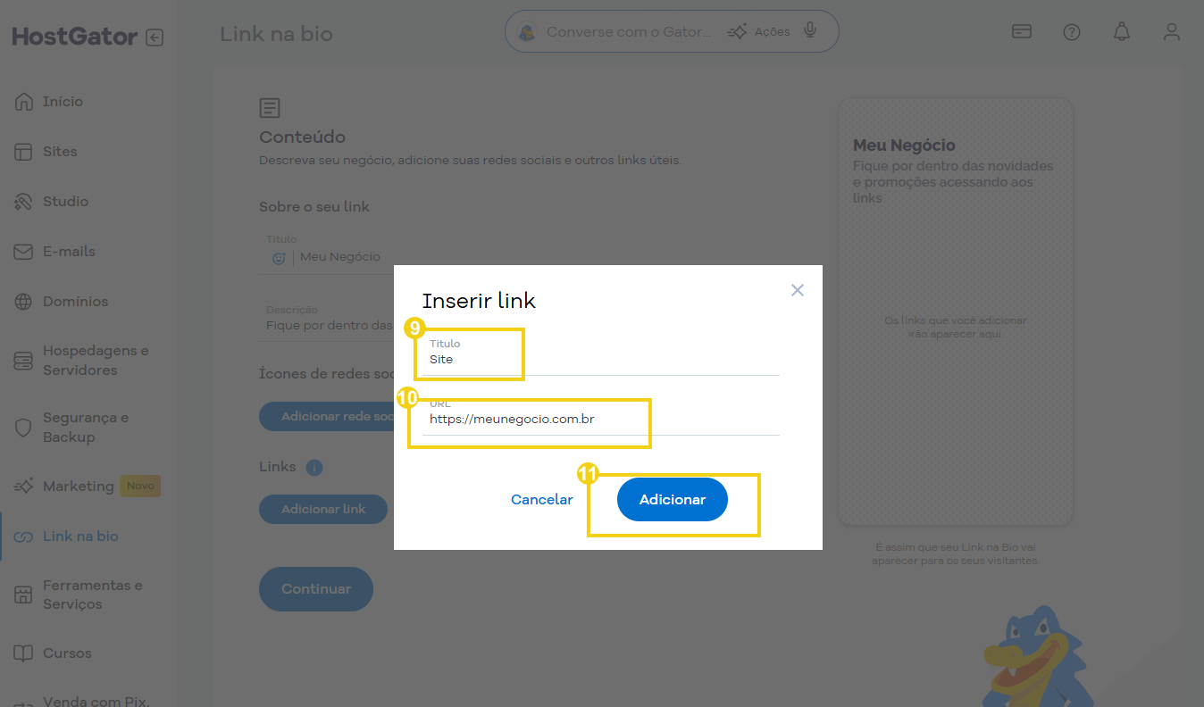 Tela de inserção de link no painel de controle do HostGator, com foco na opção de adicionar um novo site na plataforma.