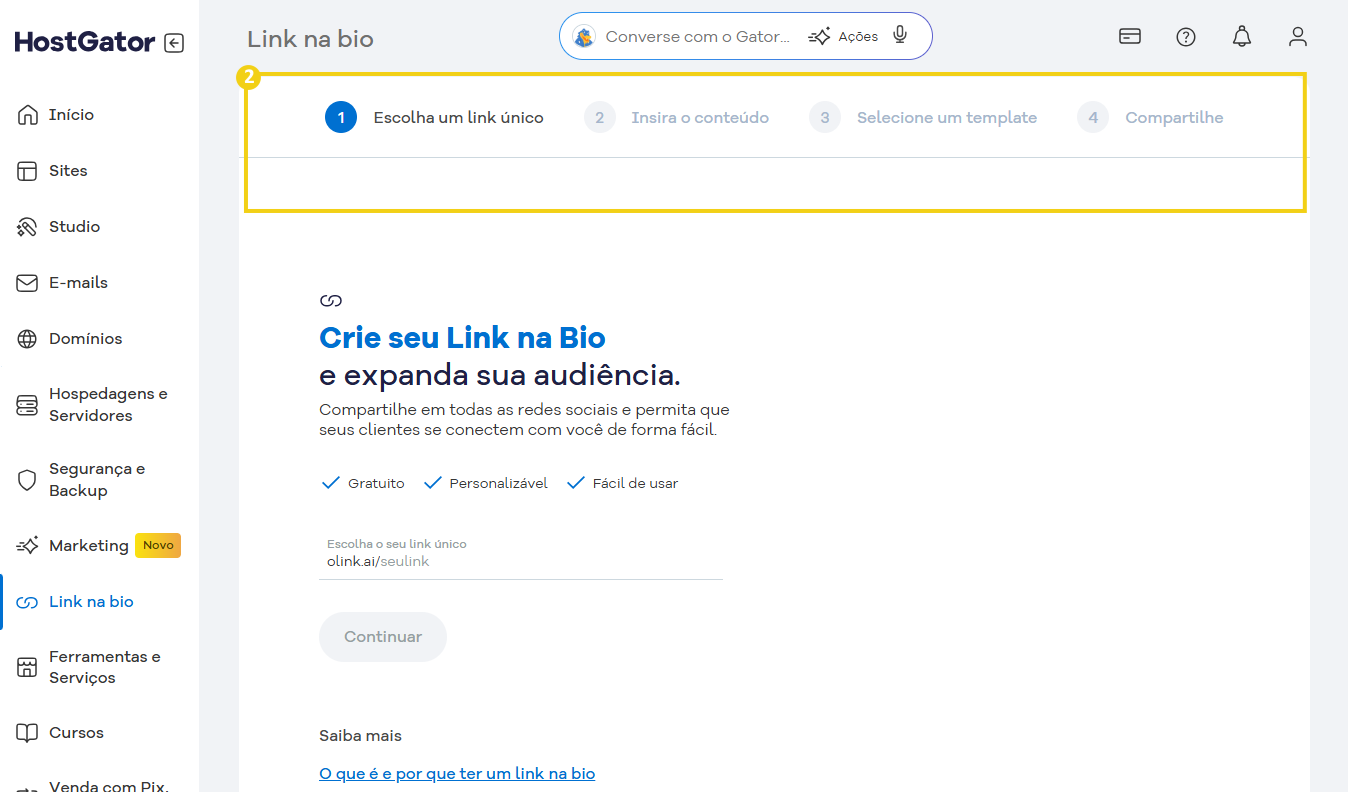 Tela do painel do HostGator mostrando a criação de um link na bio para expandir a audiência nas redes sociais, com etapas de configuração visíveis.