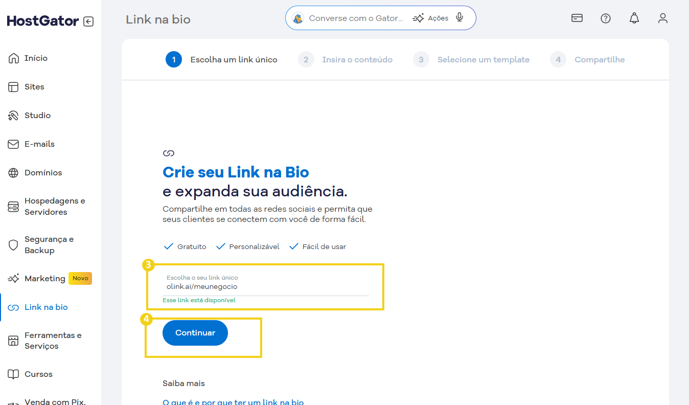 Tela do painel do HostGator mostrando passo a passo para criar seu Link na Bio e expandir sua audiência online.