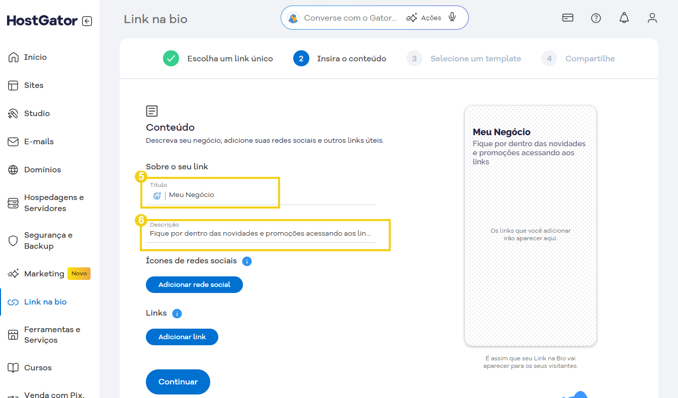Tela do painel do HostGator mostrando a criação de um link na bio com título e descrição para promover um negócio online.