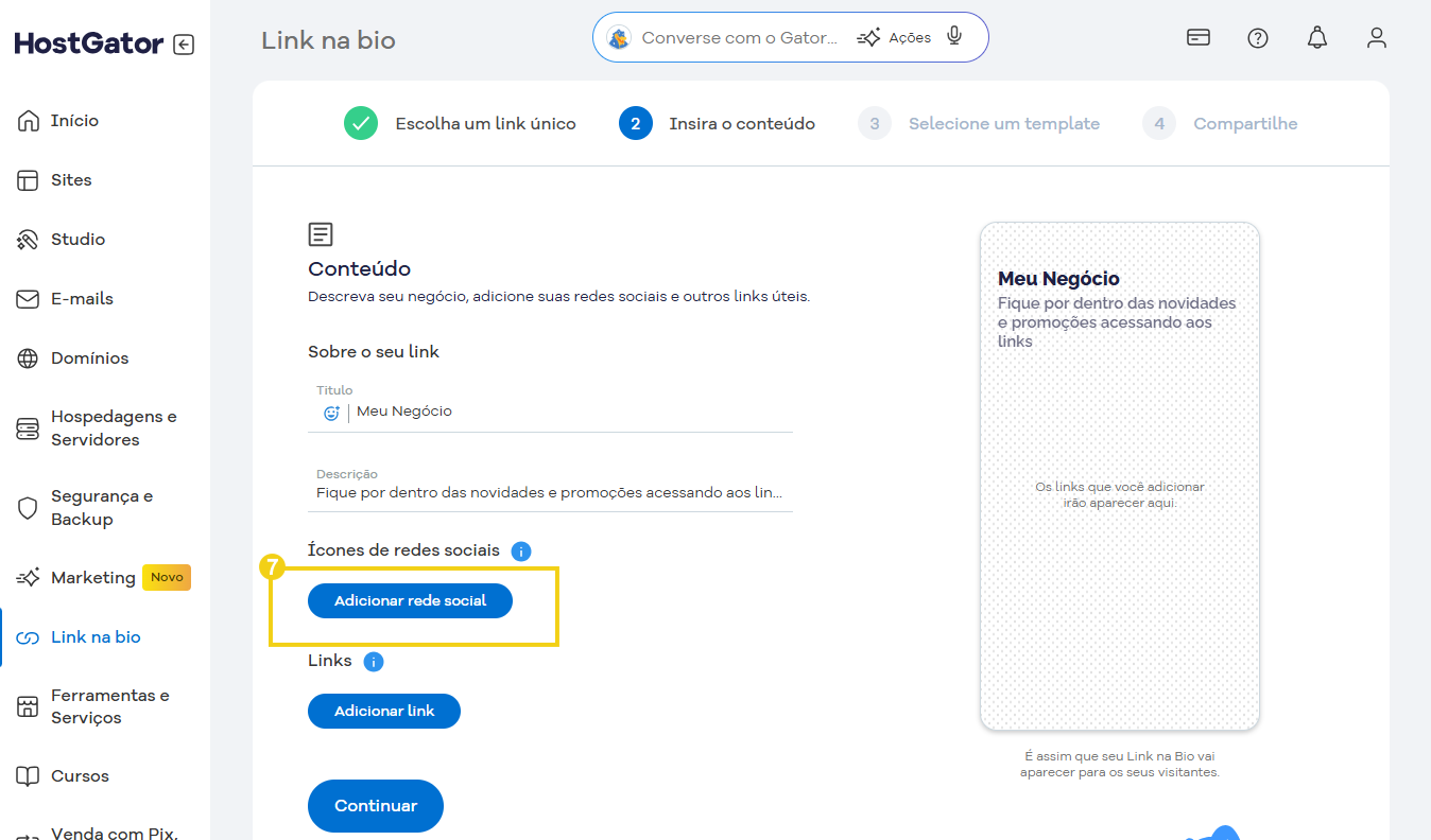 Tela de criação de link na bio na plataforma HostGator, mostrando opções para adicionar links e ícones de redes sociais.