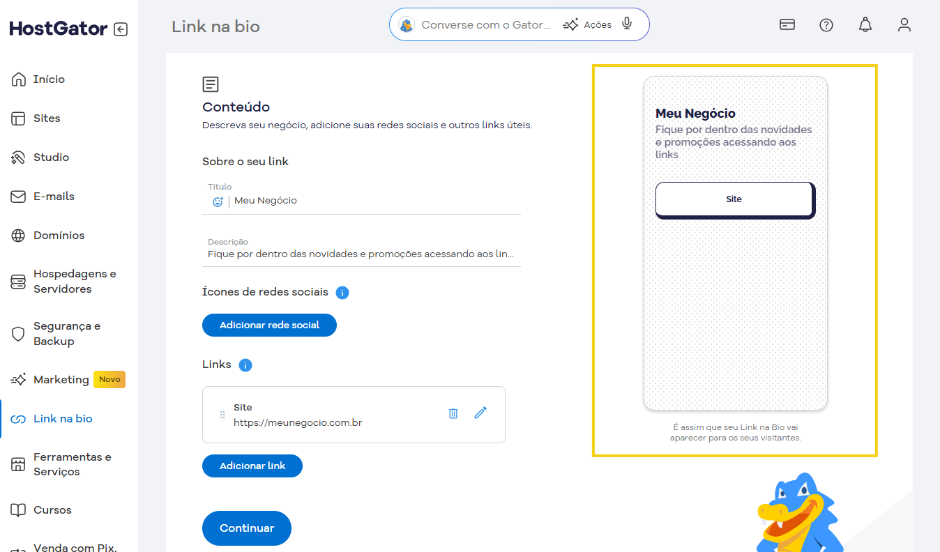 Interface de criação e gerenciamento de link na bio na plataforma HostGator, exibindo opções de personalização e integração de redes sociais.