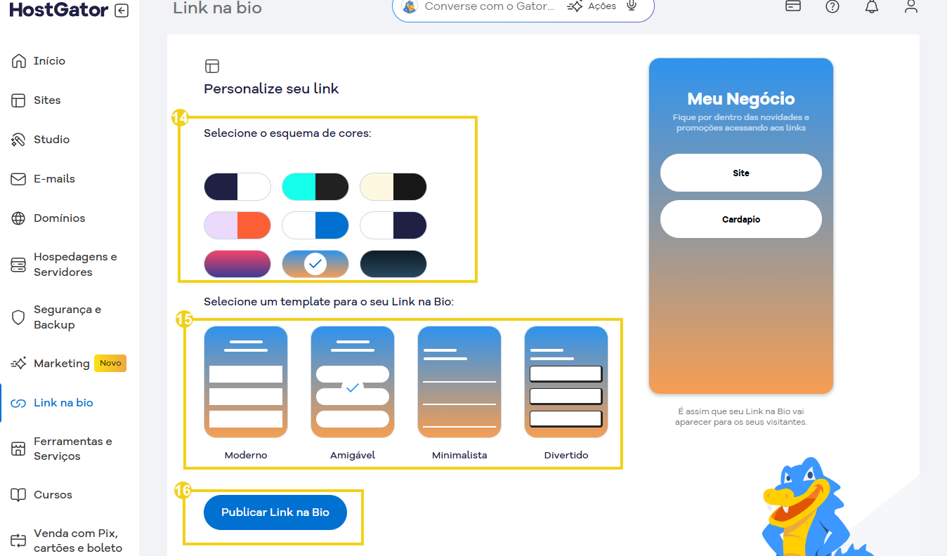 Imagem de uma interface do HostGator mostrando opções de cores, templates e o botão para publicar um link na bio, ideal para quem quer otimizar seu perfil online