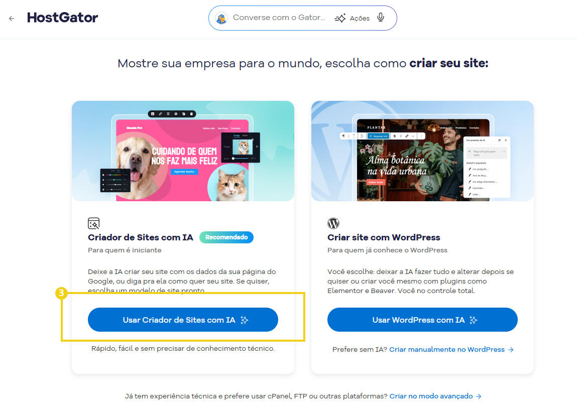 Imagem mostra em destaque a opção do Criador de Site com IA, com marcação no botão "Usar Criador de Sites com IA"