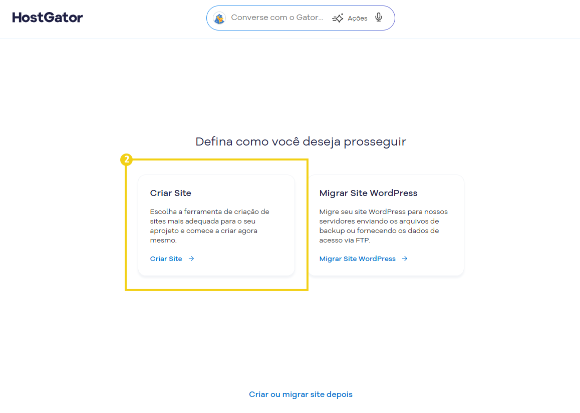 Imagem mostra a tela do Portal do Cliente com a opção para Criar Site ou Migrar site WordPress