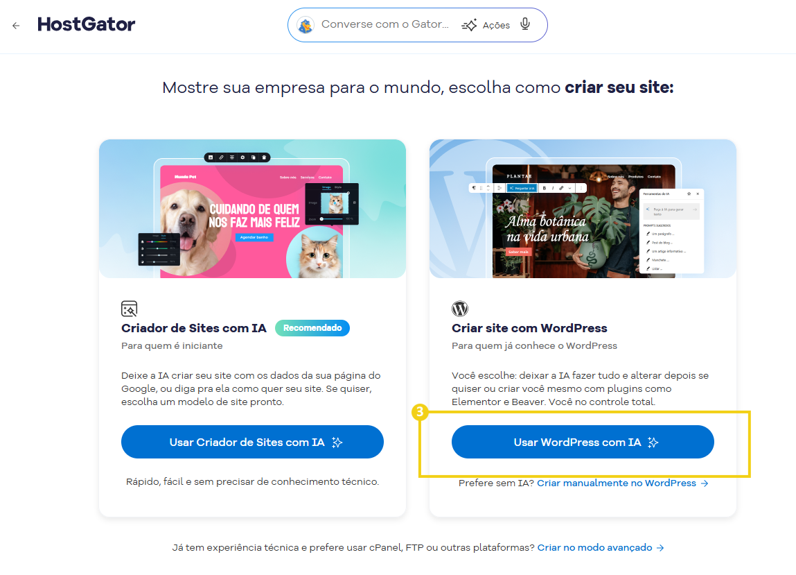 Imagem mostra a tela do Portal do Cliente com a marcação no botão "Usar WordPress com IA"