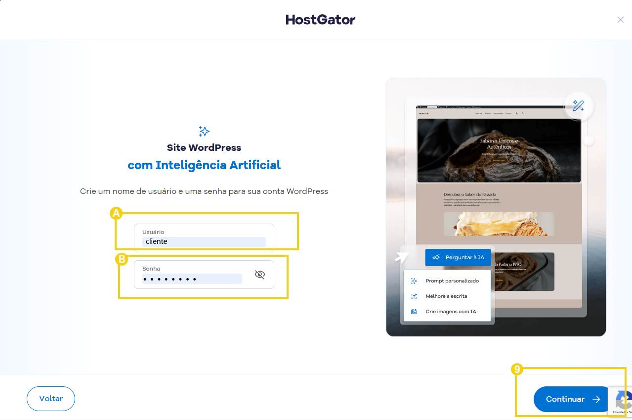 Imagem mostra a tela para criar o usuário e senha de acesso ao WordPress