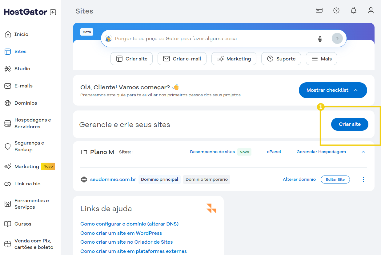 Imagem mostra a tela do Portal do Cliente com a marcação no botão "Criar site"