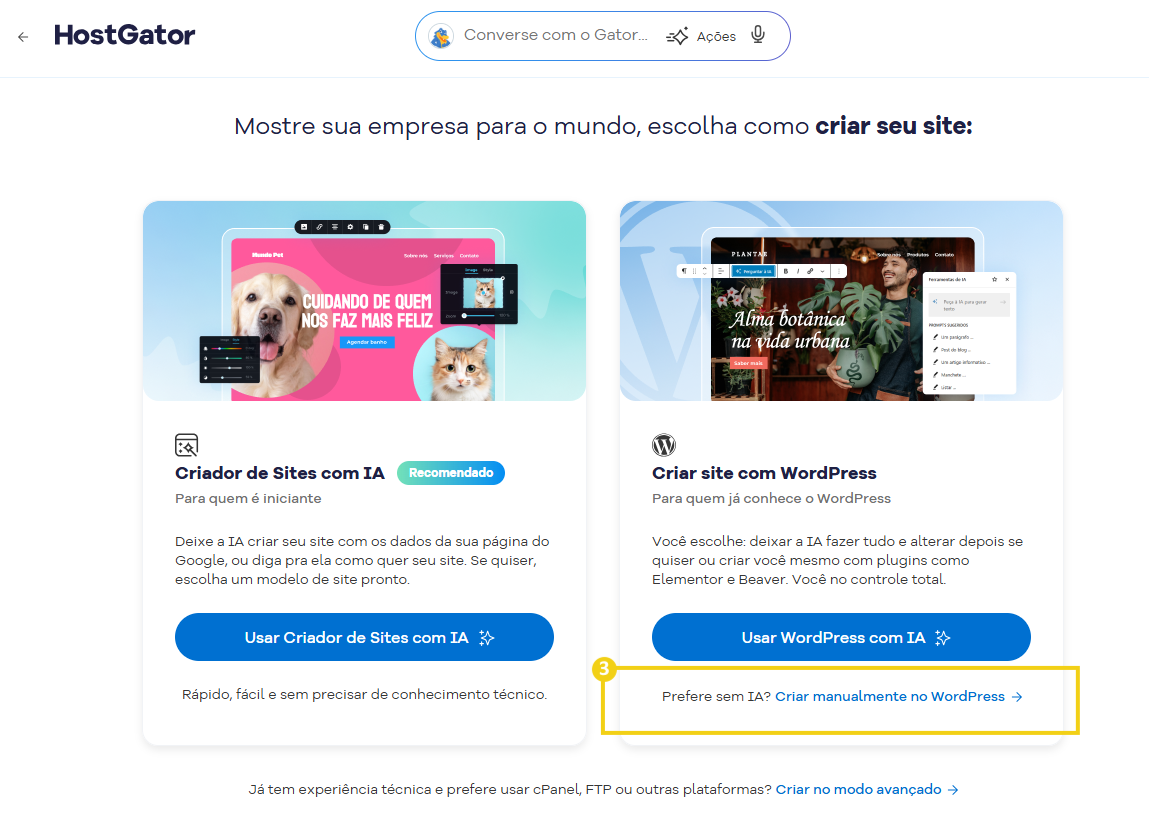 Imagem mostra a tela do Portal do Cliente com a marcação na opção Criar manualmente no WordPress