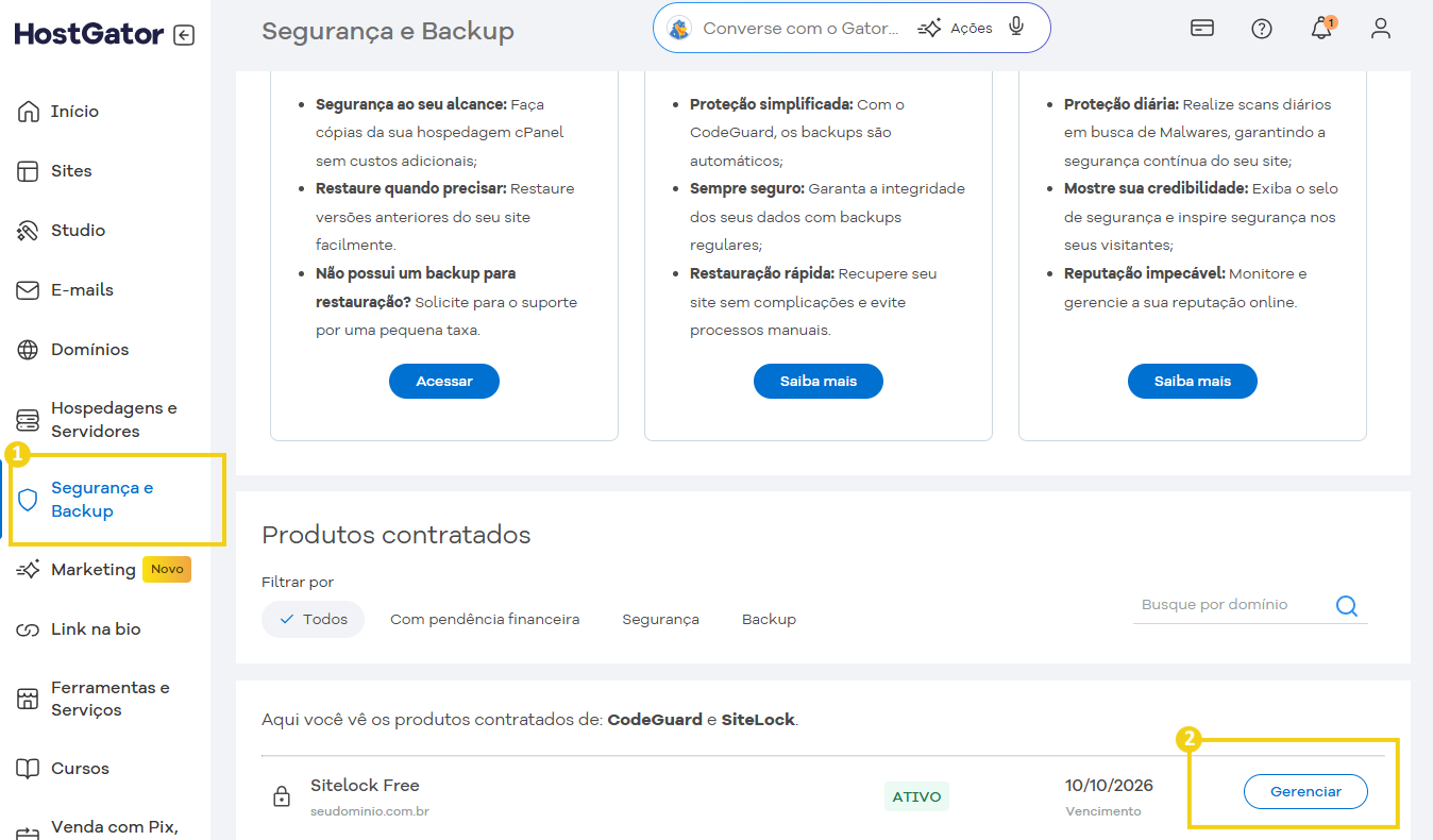 Imagem ilustrativa de uma interface de painel de controle de segurança e backup, destacando opções de proteção automática de dados, restauração rápida, e suporte técnico, ideal para melhorar a segurança do seu site. 