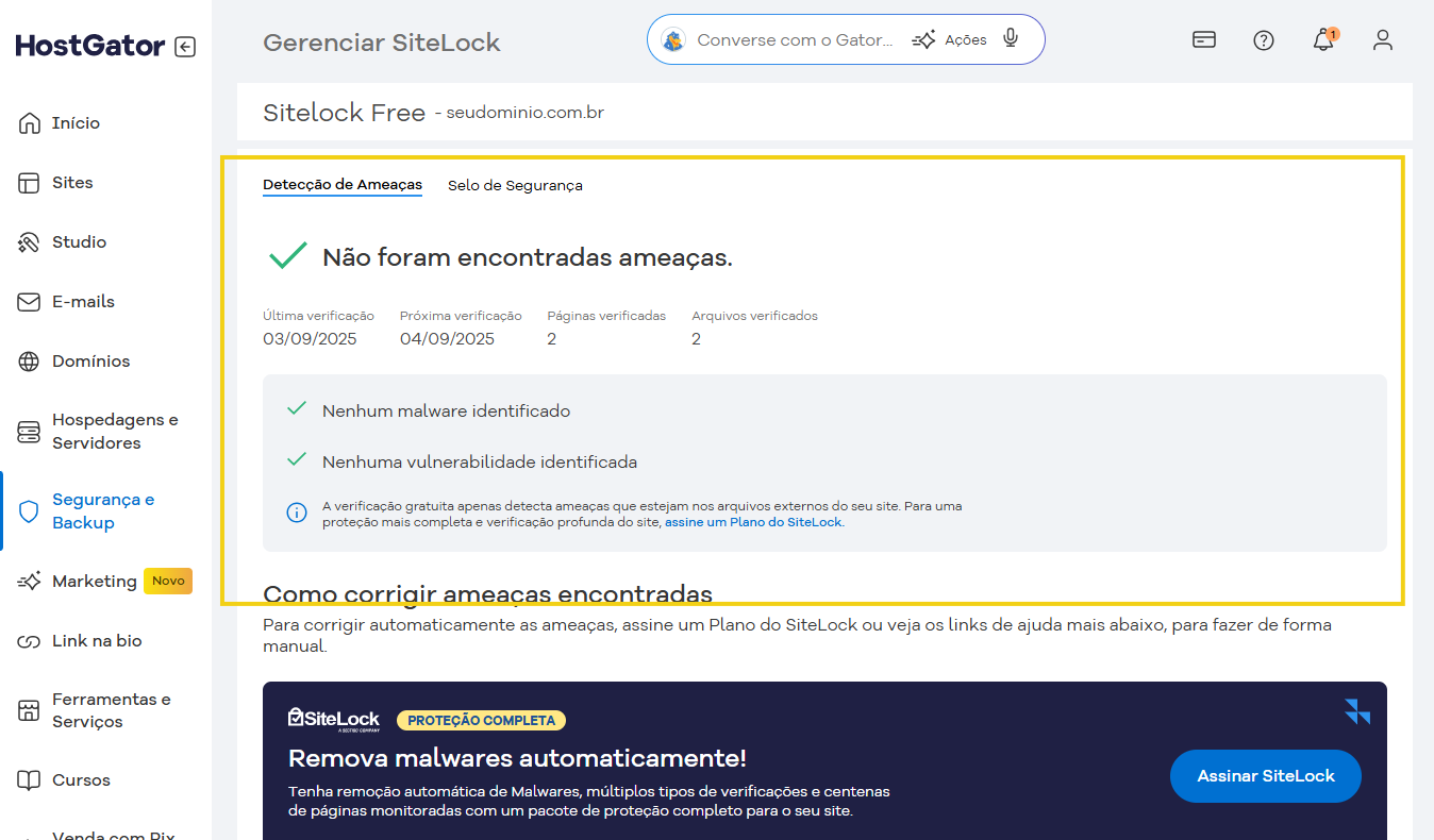 Tela do painel do Gerenciador SiteLock mostrando que não foram encontradas ameaças de malware ou vulnerabilidades na verificação de segurança do site