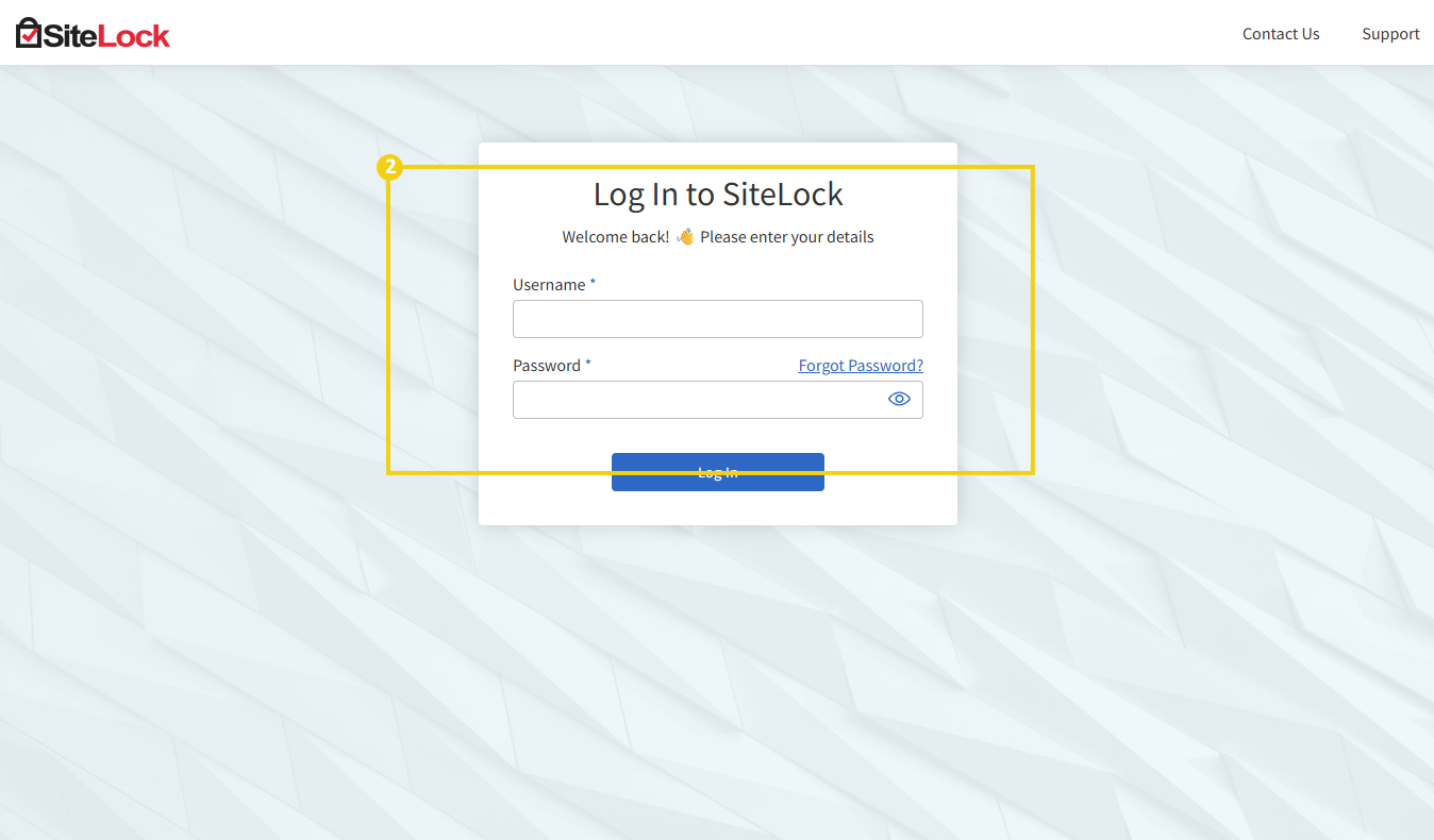 Página de login do SiteLock, destaque para o formulário de acesso com campos para usuário e senha, fundo com textura clara e logos de suporte e contato. 