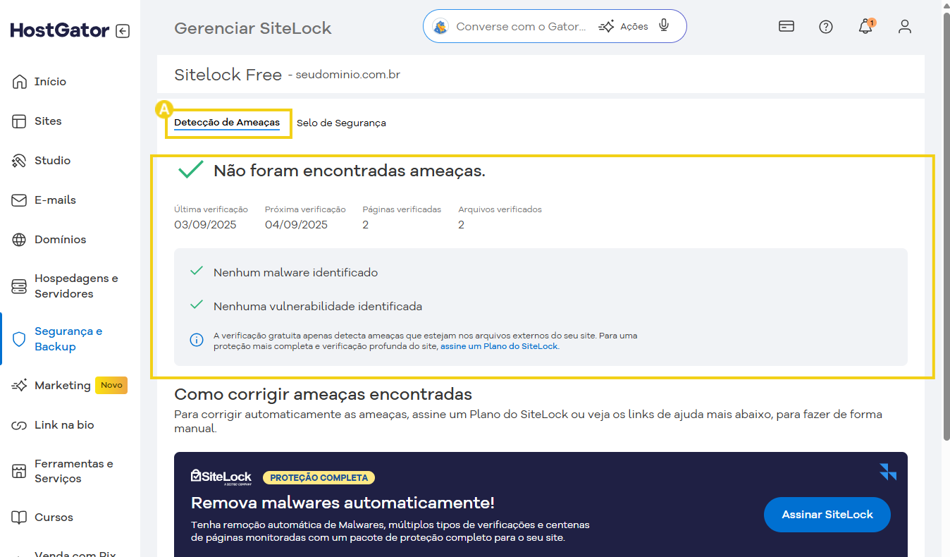 Tela de gerenciamento do SiteLock no painel do HostGator, indicando a detecção de ameaças e a verificação de segurança do site