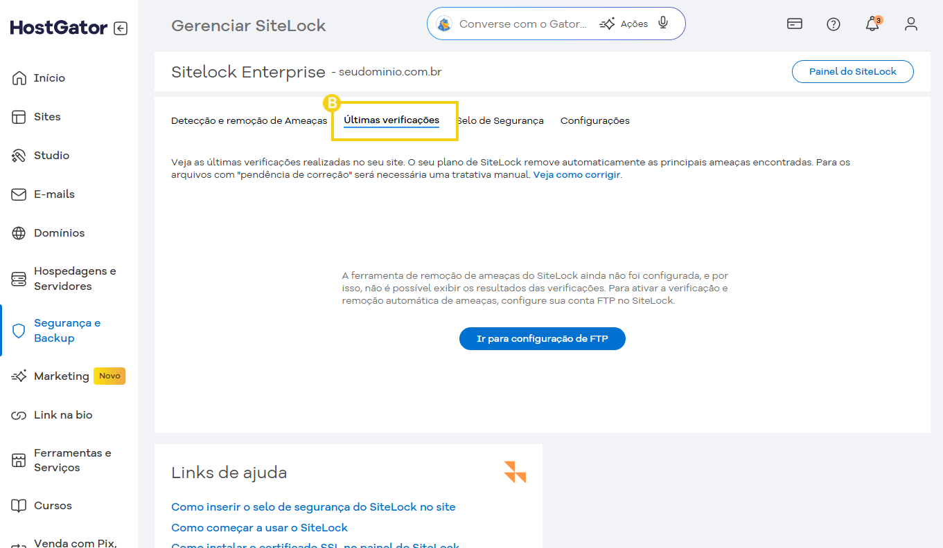 Tela do painel de gerenciamento do SiteLock no serviço HostGator, mostrando opções de segurança, incluindo a verificação de últimas verificações de ameaças. 
