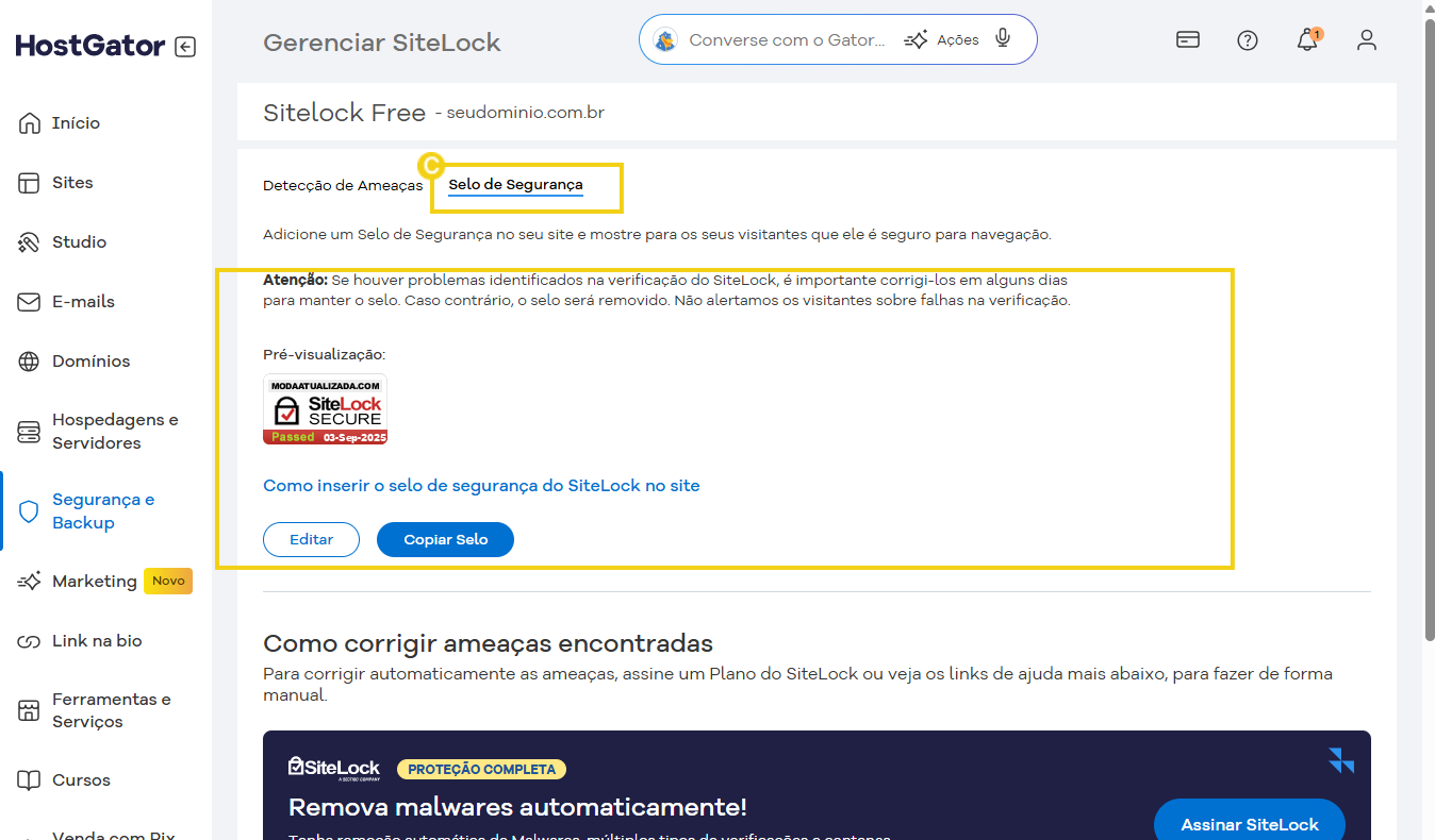 Tela do painel de gerenciamento do SiteLock Free, mostrando a opção de inserir e copiar o selo de segurança para sites, com destaque na seção de detecção de ameaças e indicação de cuidados ao verificar o selo.