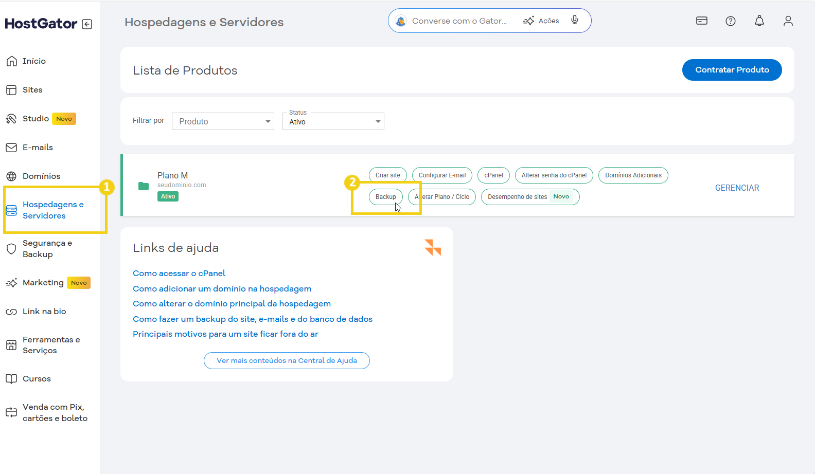 Tela de gerenciamento de hospedagens e servidores na plataforma HostGator, mostrando opções de backup, criar site, e configurações de hospedagem.