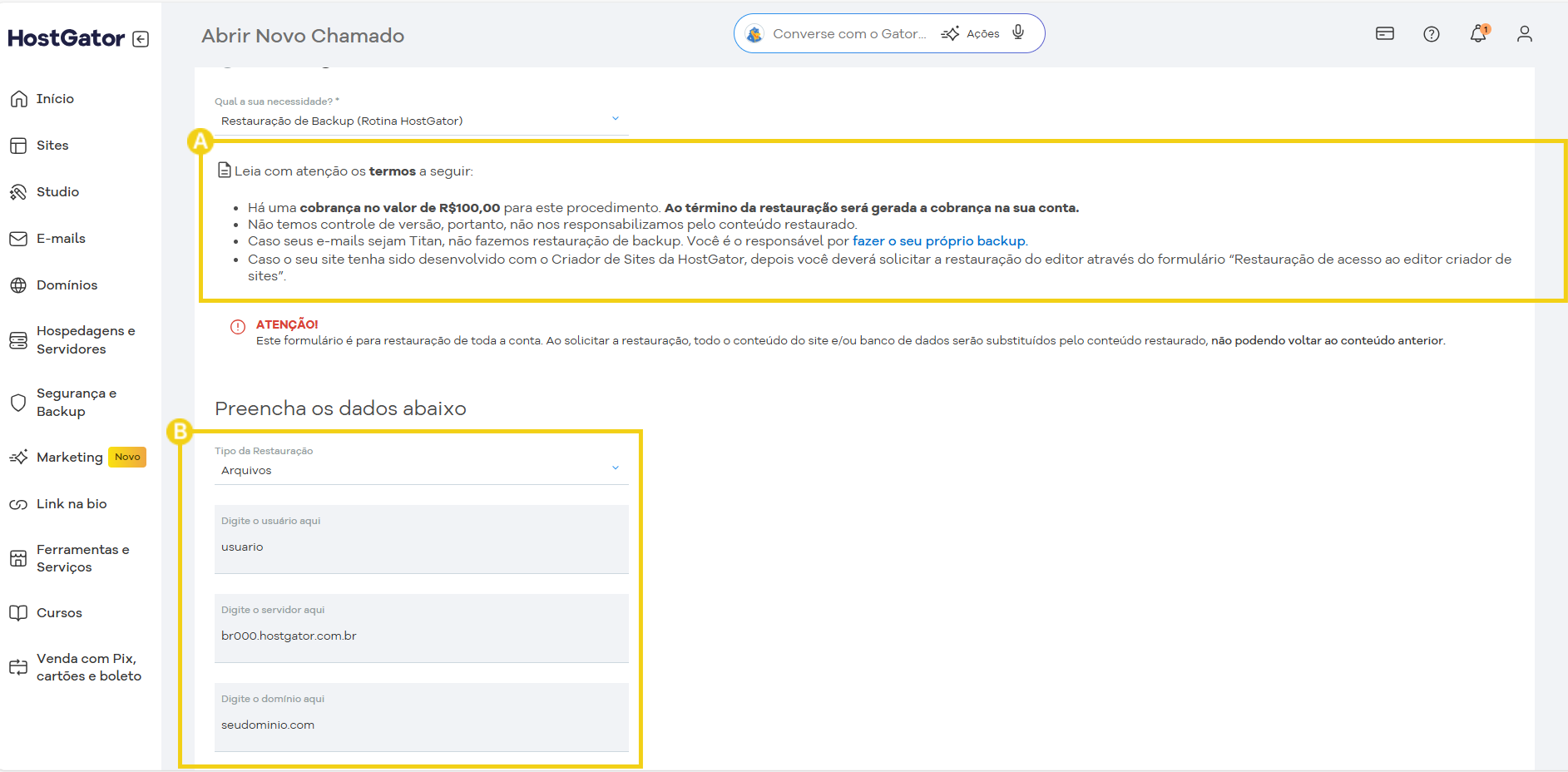 Página de backup no painel do HostGator, mostrando opções de restauração e preenchimento de dados de arquivo.