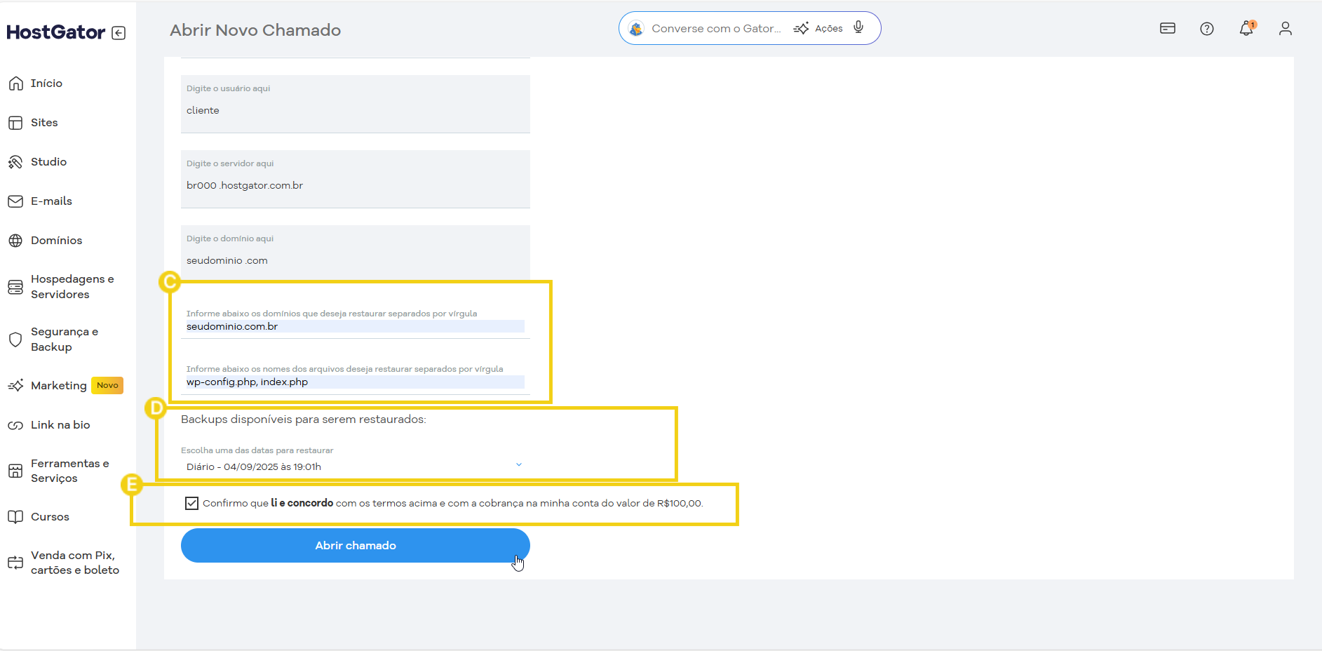 Site do HostGator mostrando a confirmação de termo de serviço e o botão 'Abrir chamado' em destaque, com elementos destacados em amarelo. 
