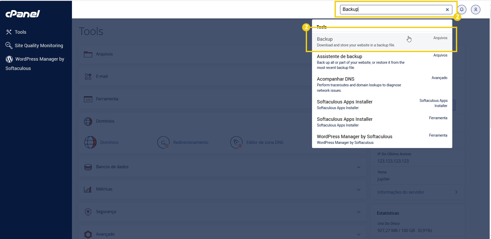  Imagem da tela de uma configuração do painel cPanel, exibindo a busca por backups na caixa de pesquisa para facilitar a navegação. 