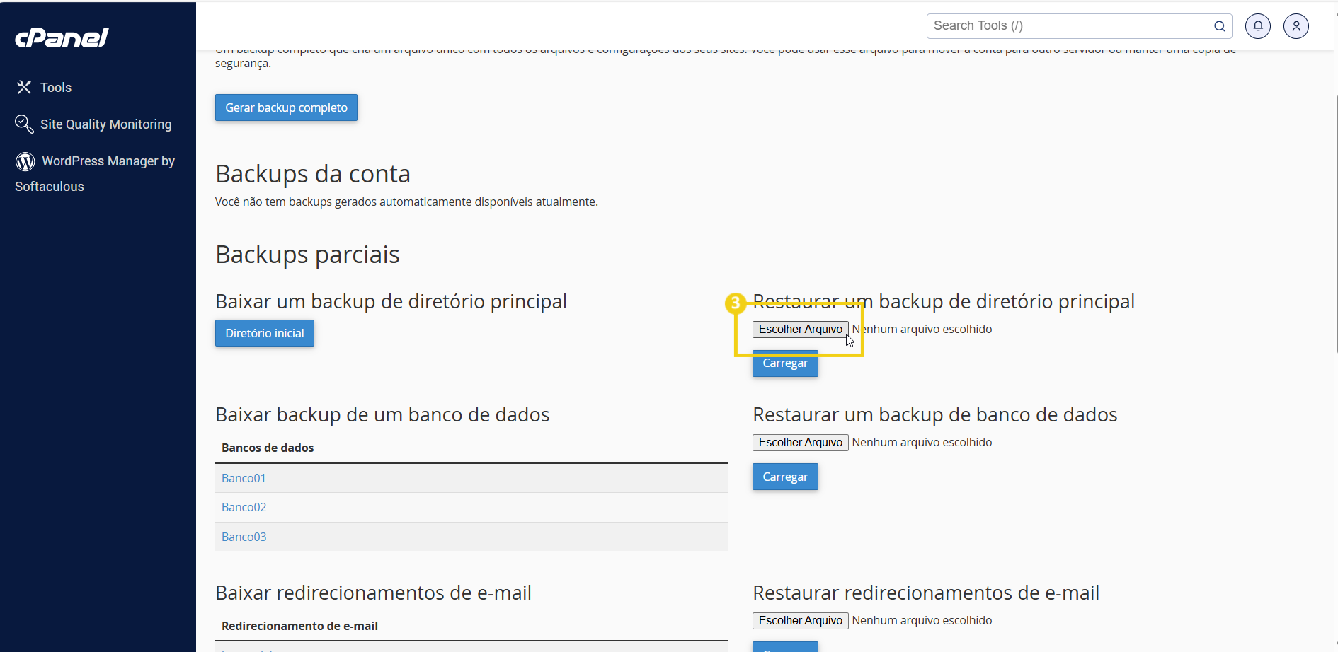 Painel de controle do cPanel mostrando opções de backup de conta, incluindo restaurar backup do diretório principal e bancos de dados. 