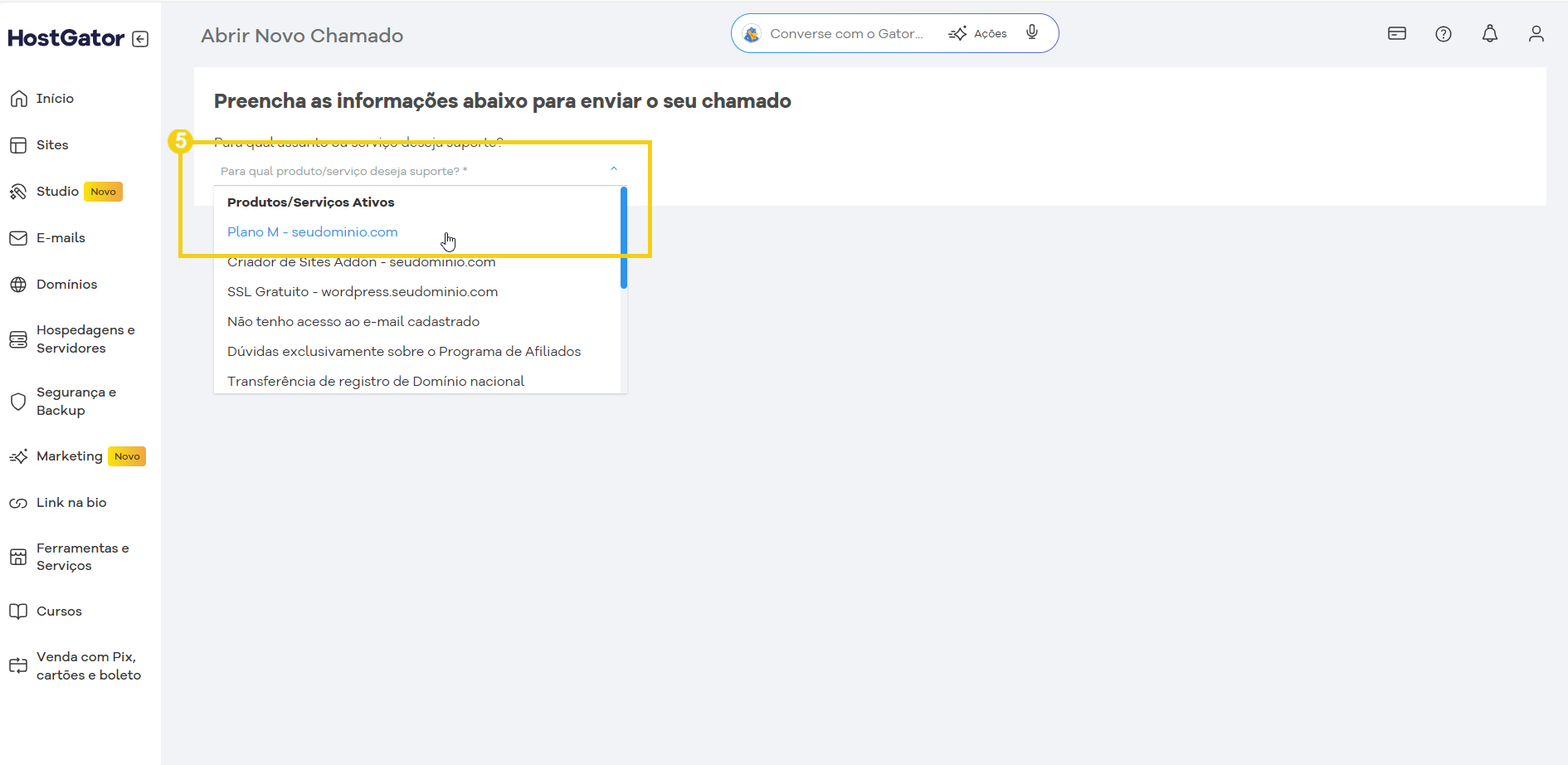 HostGator com a seção de preenchimento de informações para abrir um novo chamado, focando na opção de produtos/serviços ativos.