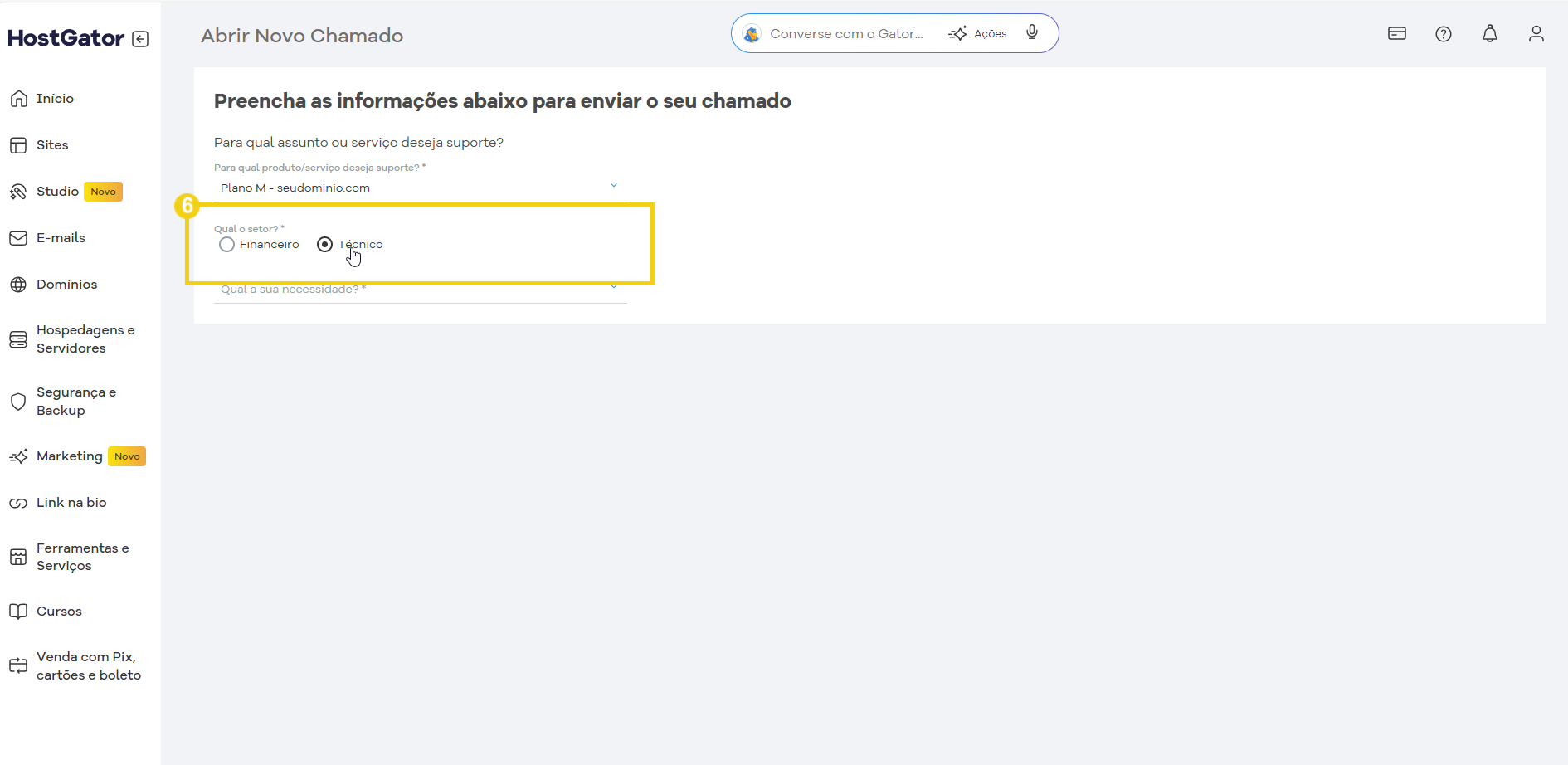 Suporte do HostGator para abrir novo chamado, mostrando opções de assunto e preferência de contato. Interface limpa e instruções visuais.