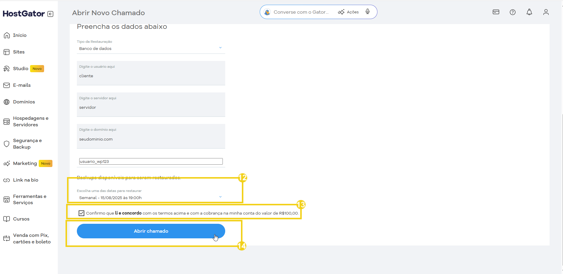 Tela do painel do HostGator mostrando o processo de abertura de um novo chamado, preenchendo dados e confirmando a autorização, com foco na interface de usuário.