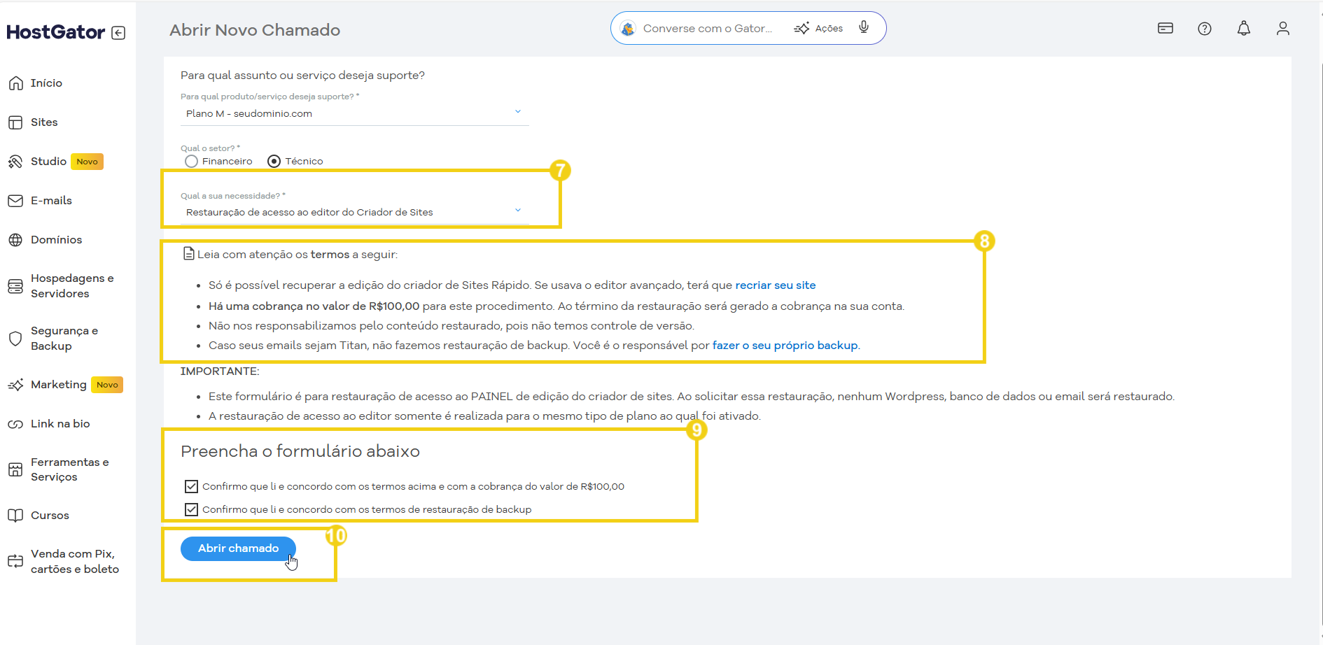  Captura de tela de uma página de suporte ao cliente no HostGator, destacando opções de contato e informações importantes sobre backups e restauração de site.