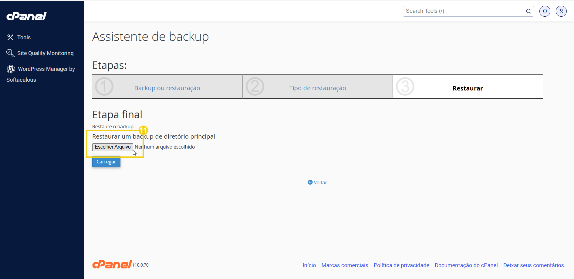 Backup do cPanel com opção de restaurar um backup em um diretório principal, exibindo etapas finais do processo de restauração.