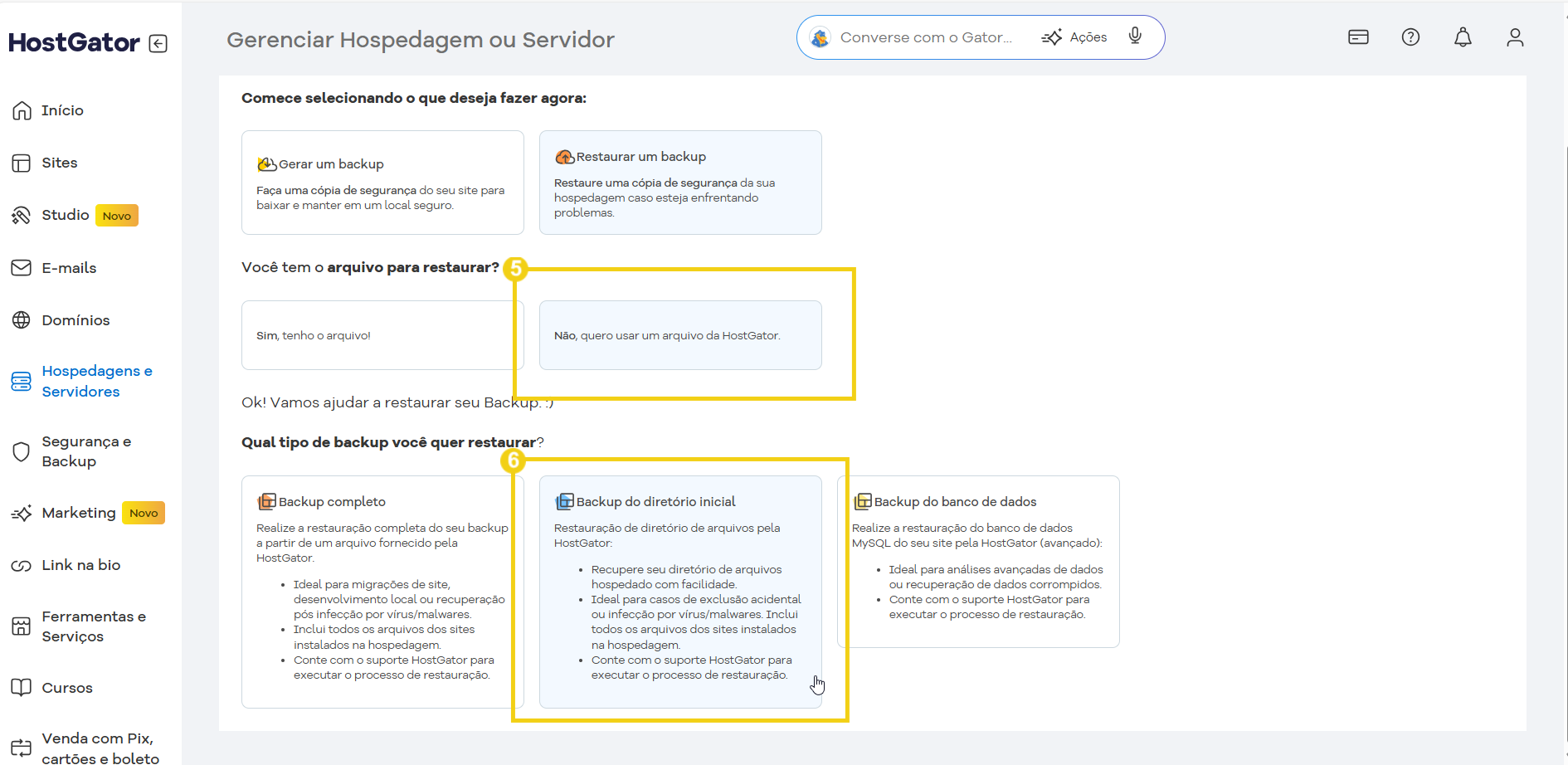 Imagem detalhada do painel de gerenciamento de hospedagem no HostGator, mostrando opções para restaurar backups e configurar backups completos e iniciais.