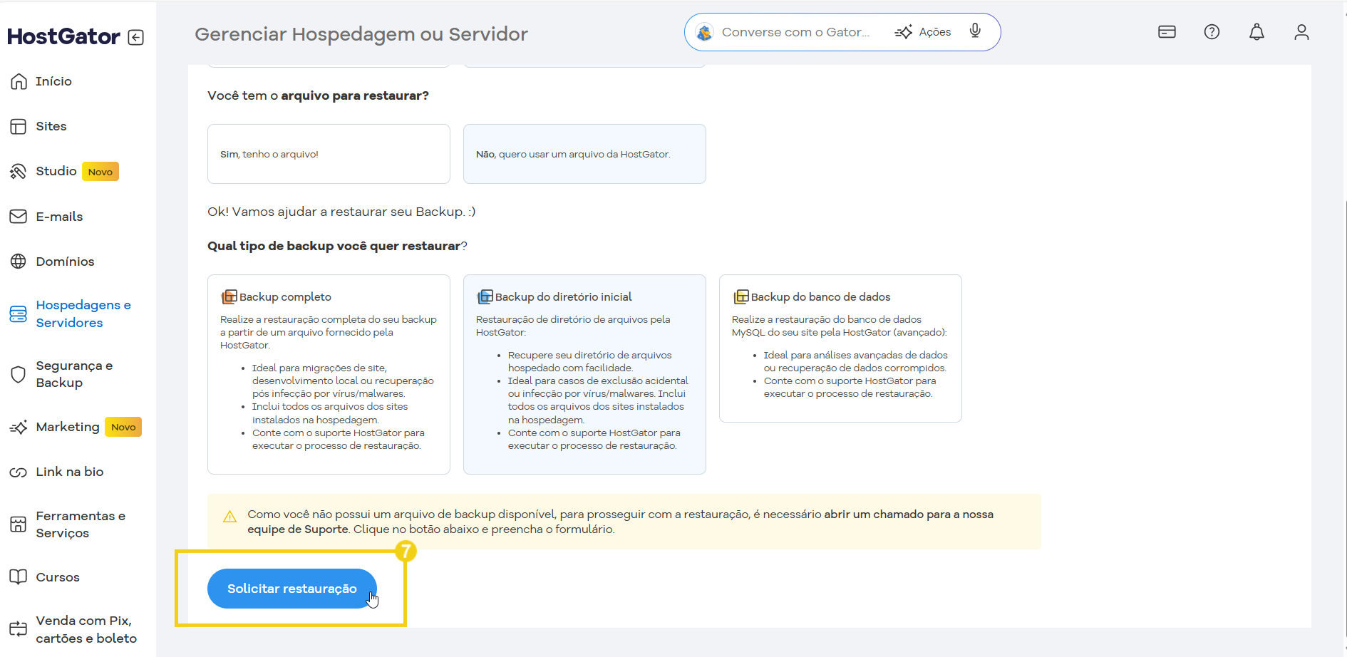 Gerenciamento de hospedagem ou servidor na plataforma HostGator, mostrando opções de restauração de backup completo, do diretório inicial e do banco de dados.
