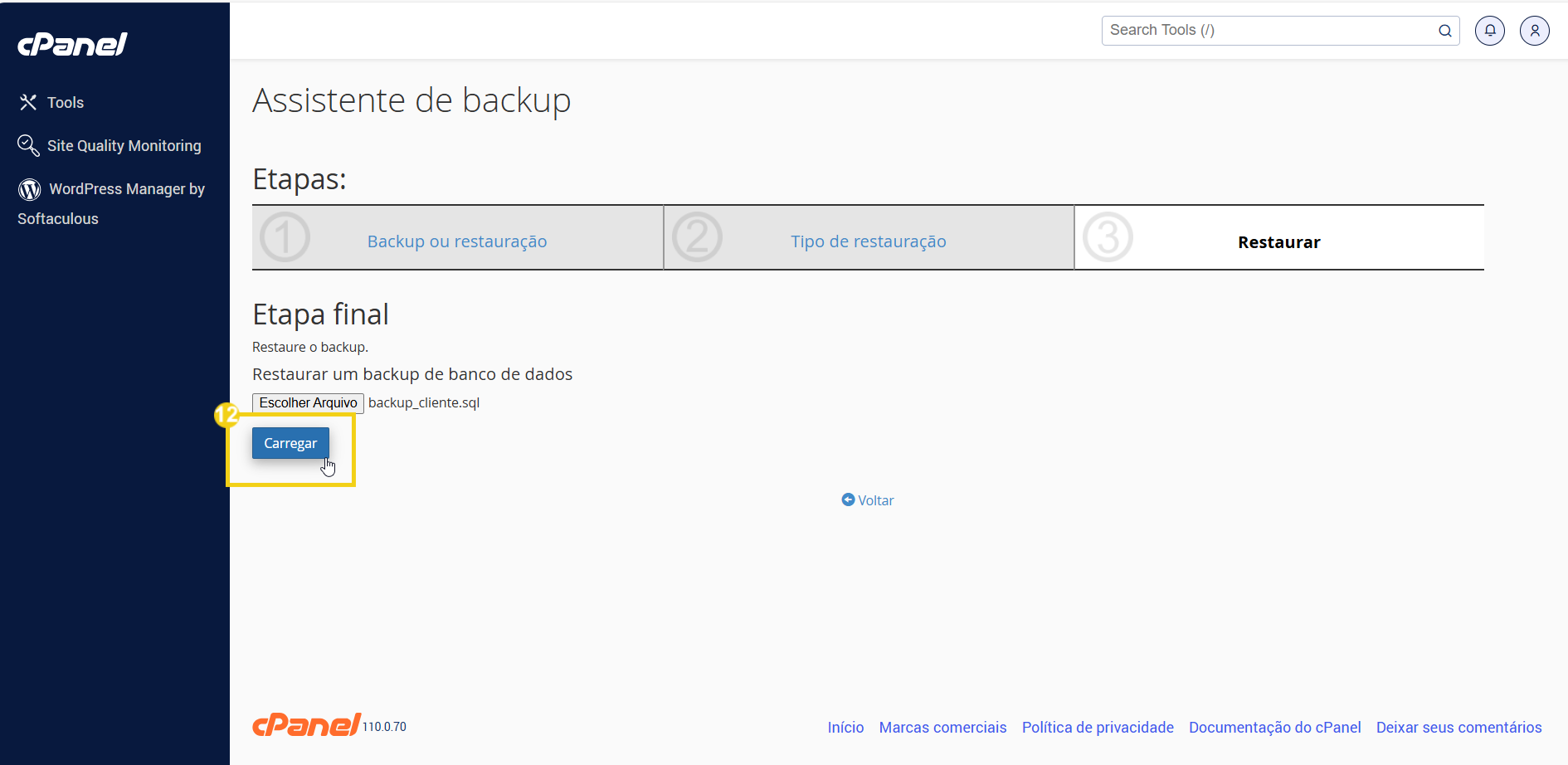 Assistente de backup do cPanel, mostrando opções para restaurar um backup de banco de dados. 
