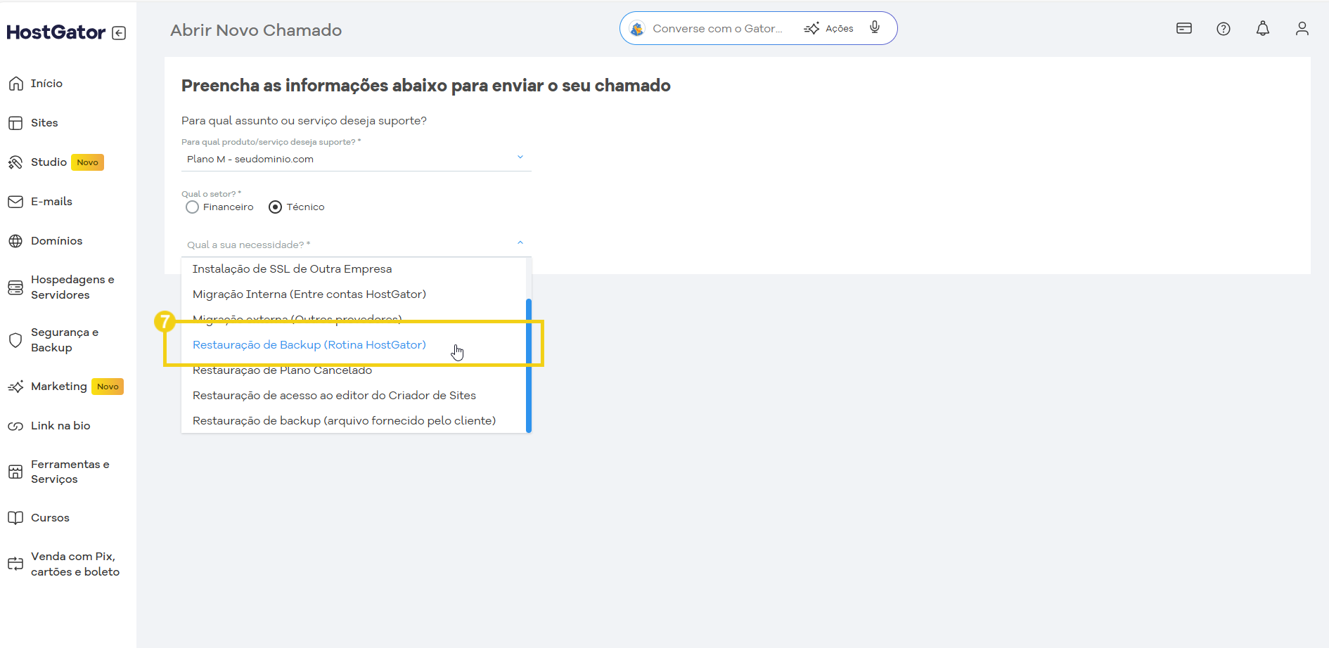 Painel de controle do HostGator exibindo a opção para restaurar backup de site, importante para manutenção e segurança.