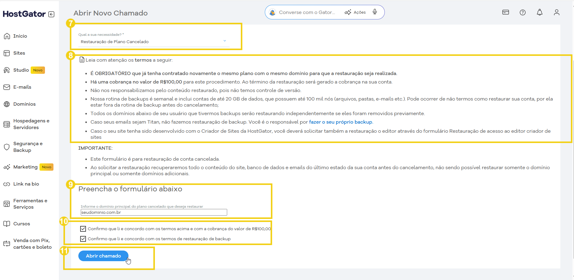 Online mostrando passos para restaurar plano cancelado, incluindo formulário, backup, e orientações importantes.